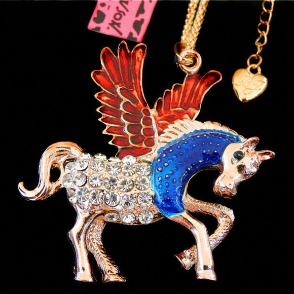 Winged Pegasus Red, Blue,Clear Rhinestone Necklace - Betsey Johnson - Picture 1 of 6